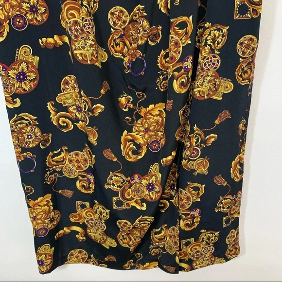 CK Midi Skirt 12 Faux Wrap Black Gold Floral Print Classic Whimsy Goth Office// - Picture 3 of 11